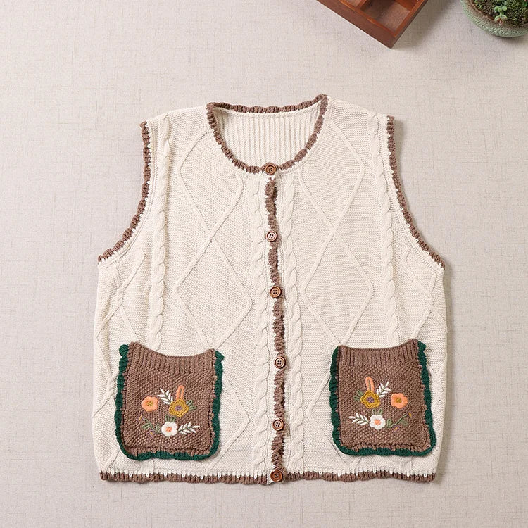 Waverly - Whimsical Knit Vest with Embroidered Pockets