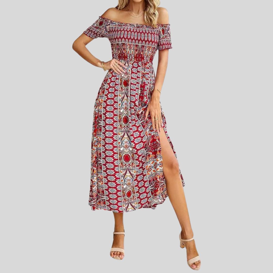 Aurora - Schulterfreies Boho-Maxikleid mit gerafftem Oberteil