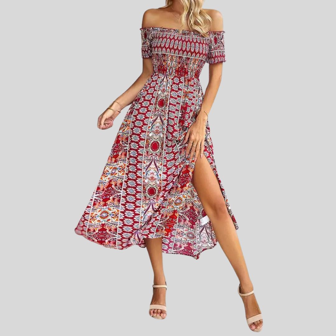 Aurora - Schulterfreies Boho-Maxikleid mit gerafftem Oberteil