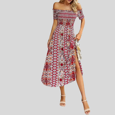 Aurora - Schulterfreies Boho-Maxikleid mit gerafftem Oberteil