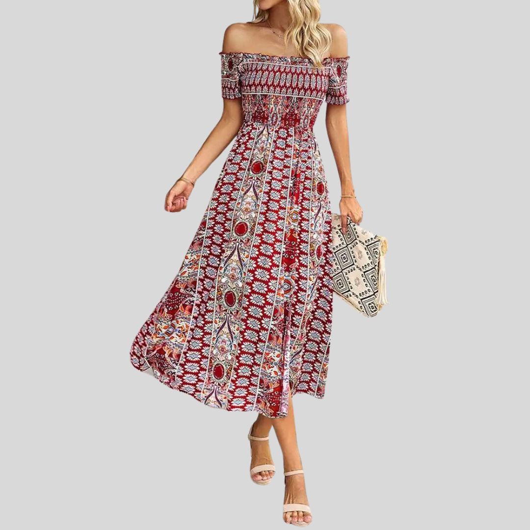 Aurora - Schulterfreies Boho-Maxikleid mit gerafftem Oberteil