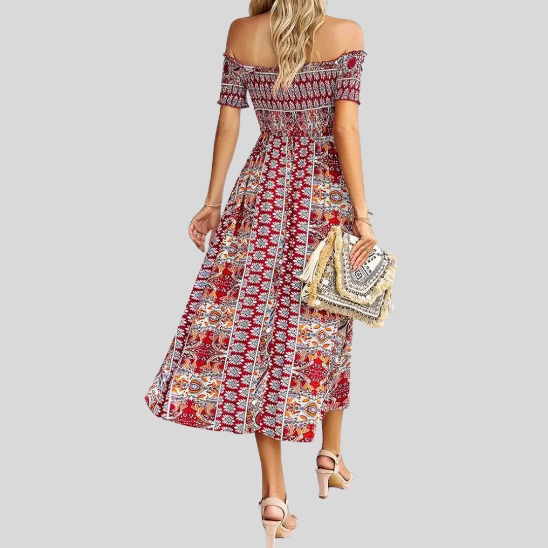 Aurora - Schulterfreies Boho-Maxikleid mit gerafftem Oberteil