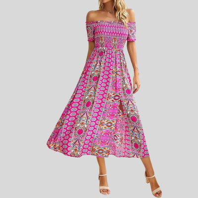 Aurora - Schulterfreies Boho-Maxikleid mit gerafftem Oberteil