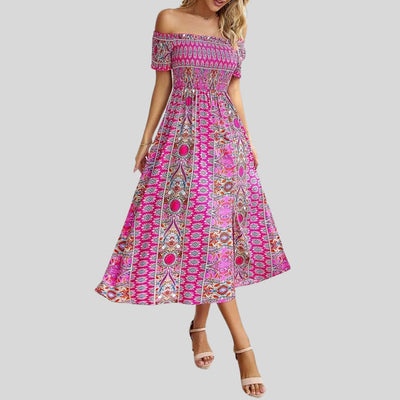 Aurora - Schulterfreies Boho-Maxikleid mit gerafftem Oberteil