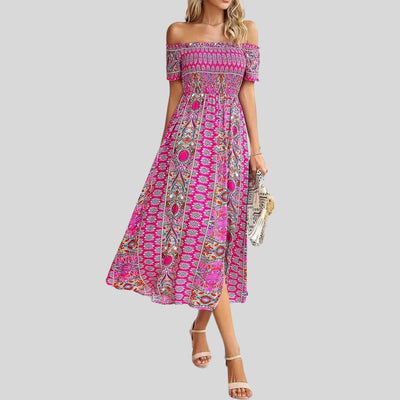 Aurora - Schulterfreies Boho-Maxikleid mit gerafftem Oberteil