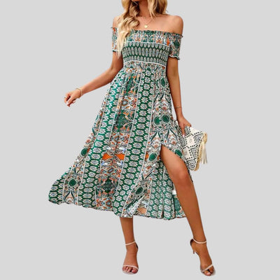 Aurora - Schulterfreies Boho-Maxikleid mit gerafftem Oberteil