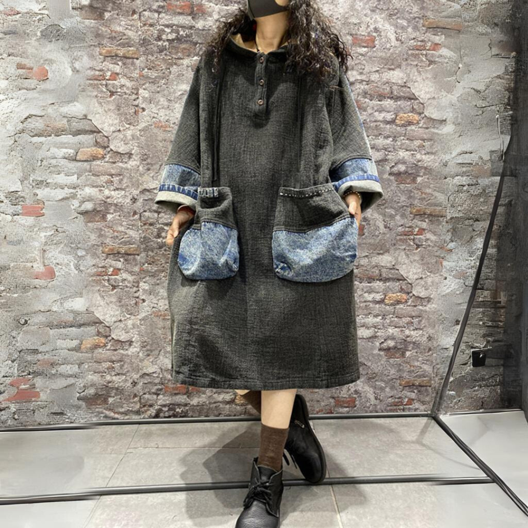 Caitlyn - Patchwork Denim Kleid mit Spitze und langen Ärmeln