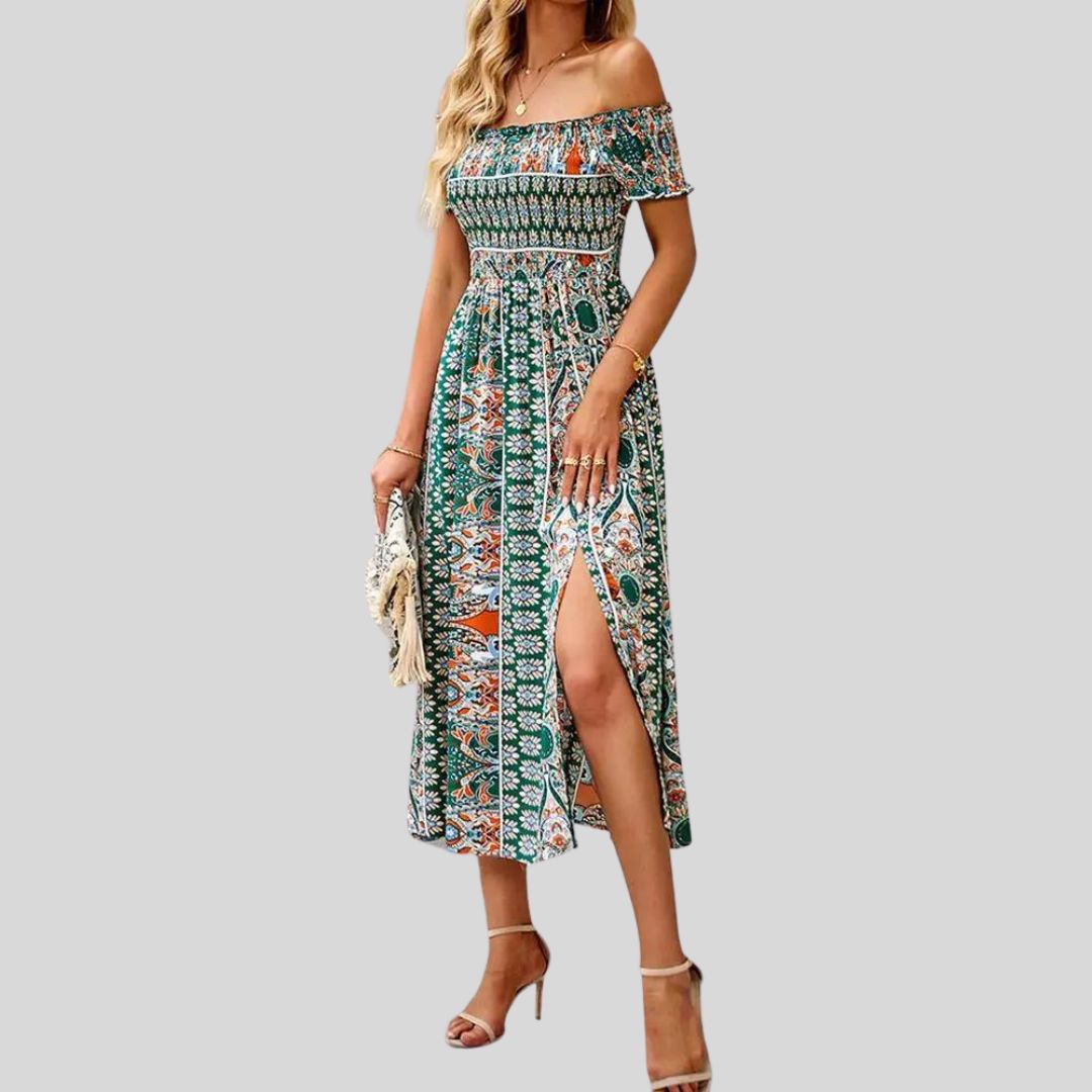 Aurora - Schulterfreies Boho-Maxikleid mit gerafftem Oberteil