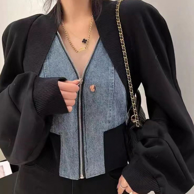 Chloe - Denim Stiching V-Ausschnitt Jacke mit Laternenärmeln