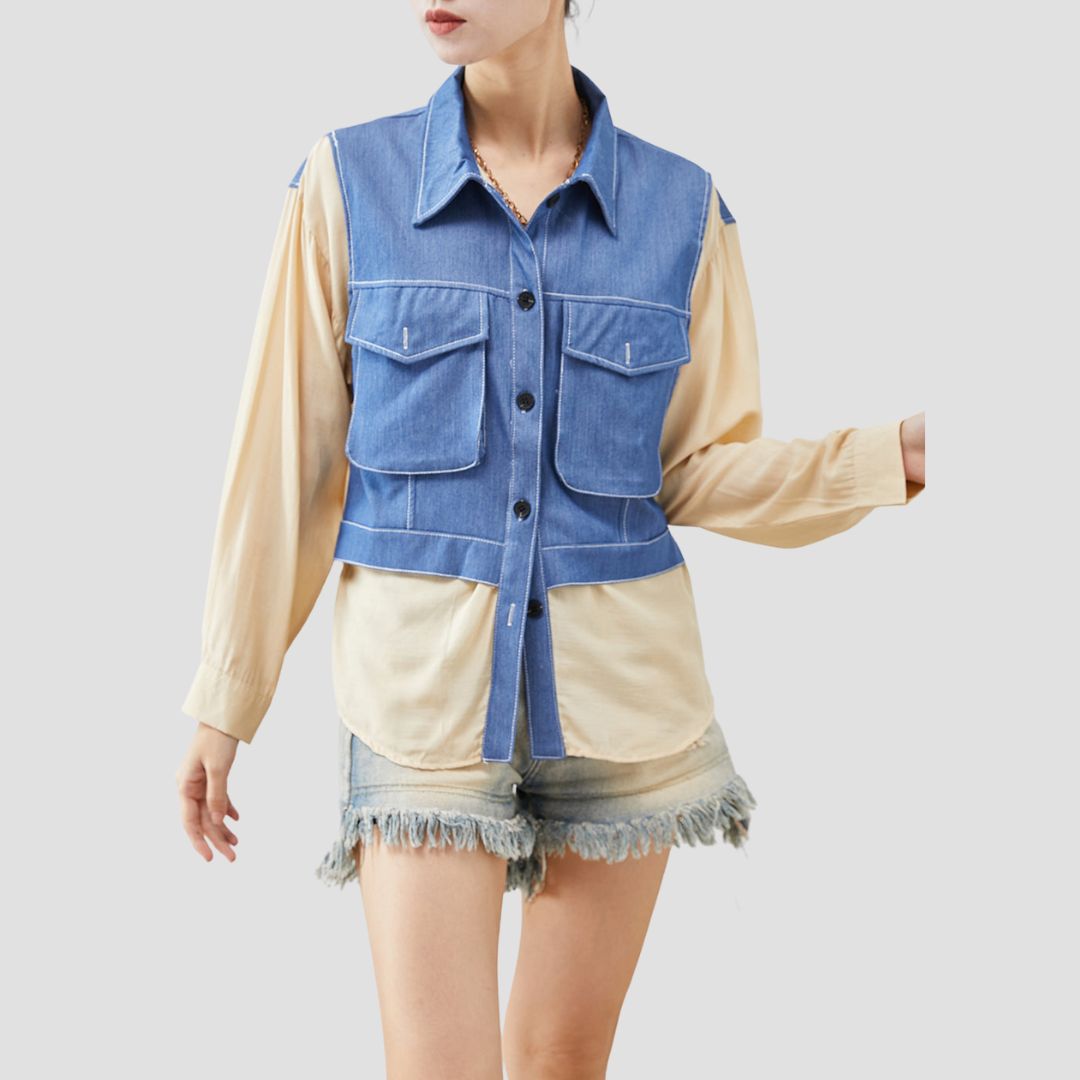 Riley - Modisches Denim Spliced Shirt mit Fake-Zweiteiler-Look