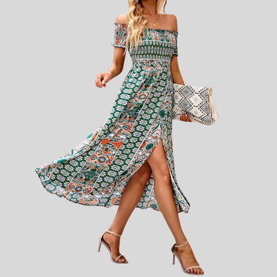 Aurora - Schulterfreies Boho-Maxikleid mit gerafftem Oberteil