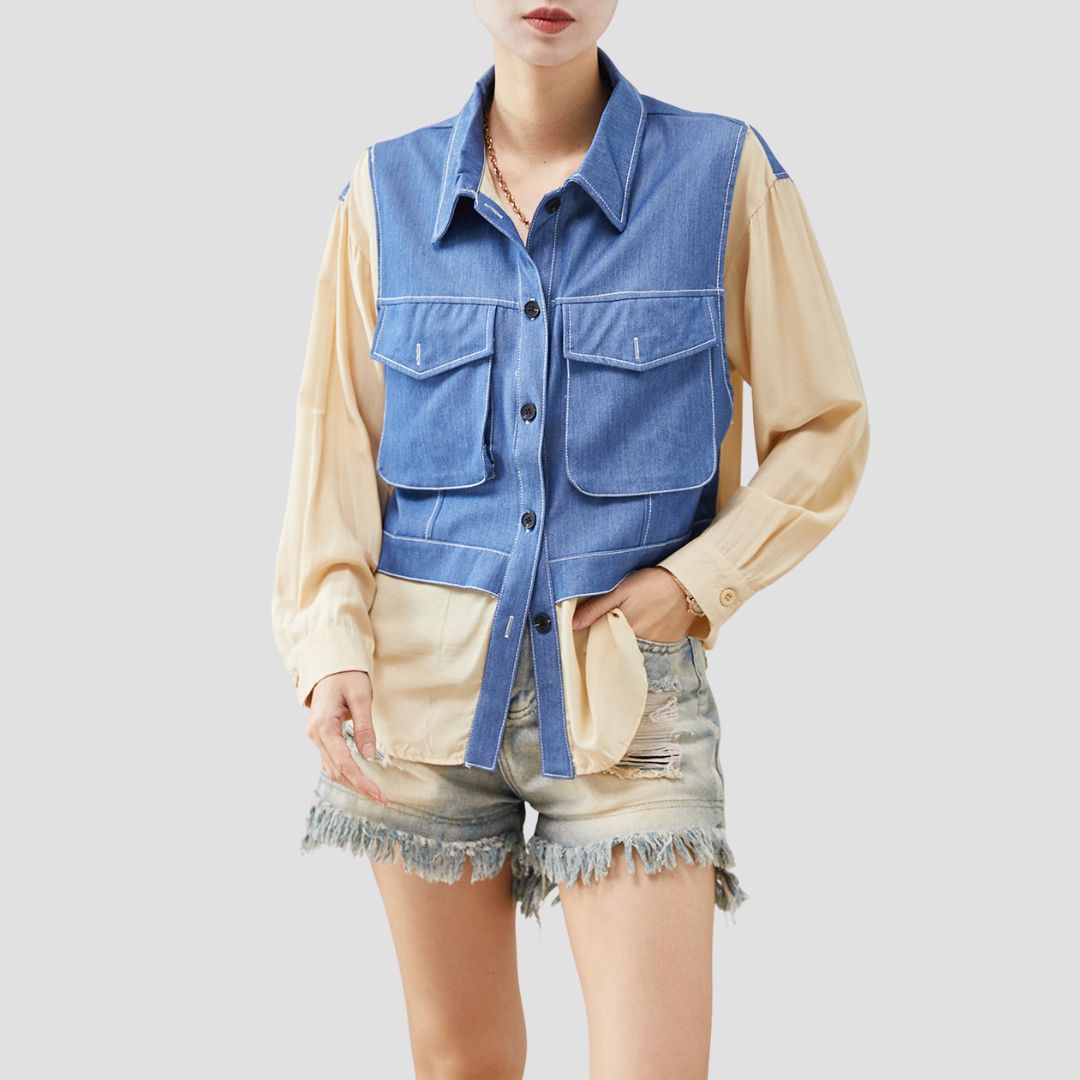 Riley - Modisches Denim Spliced Shirt mit Fake-Zweiteiler-Look