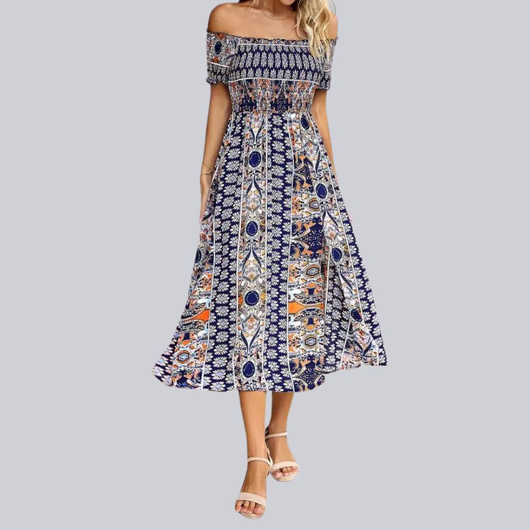 Aurora - Schulterfreies Boho-Maxikleid mit gerafftem Oberteil