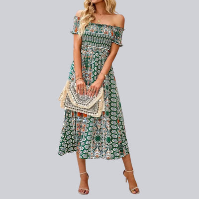 Aurora - Schulterfreies Boho-Maxikleid mit gerafftem Oberteil