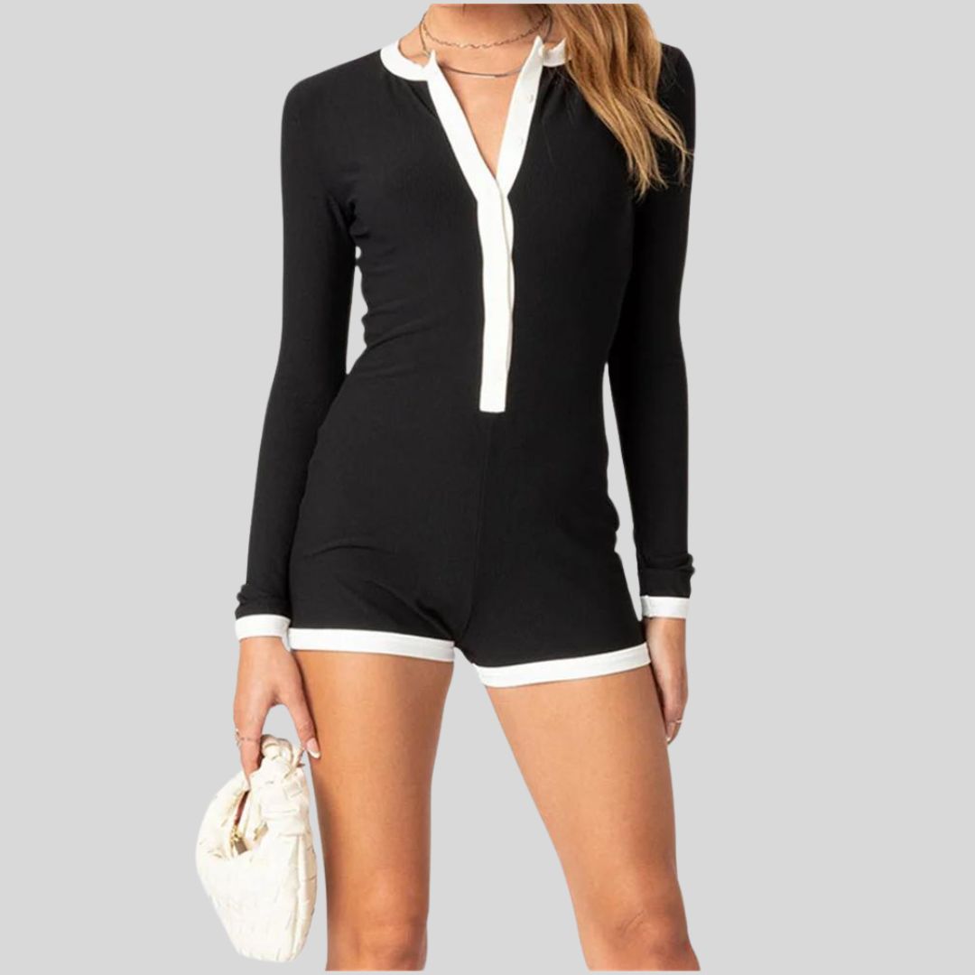 Zara - Langärmliger Playsuit mit Kontrastbesatz und Knopfleiste