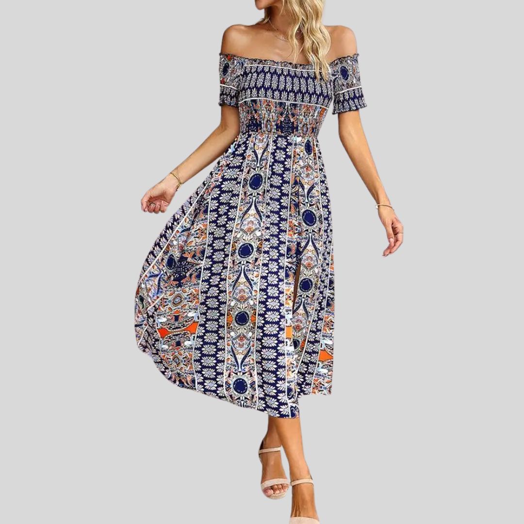 Aurora - Schulterfreies Boho-Maxikleid mit gerafftem Oberteil