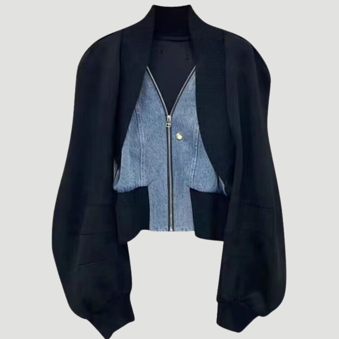 Chloe - Denim Stiching V-Ausschnitt Jacke mit Laternenärmeln