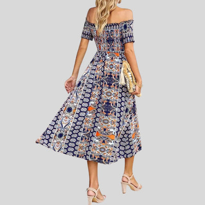 Aurora - Schulterfreies Boho-Maxikleid mit gerafftem Oberteil