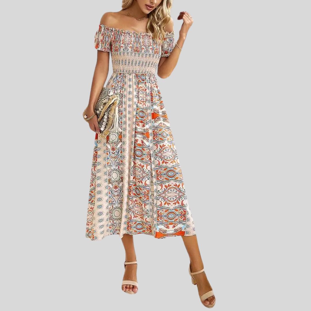 Aurora - Schulterfreies Boho-Maxikleid mit gerafftem Oberteil