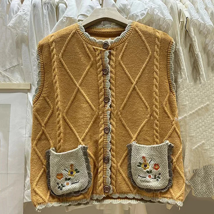 Waverly - Whimsical Knit Vest with Embroidered Pockets