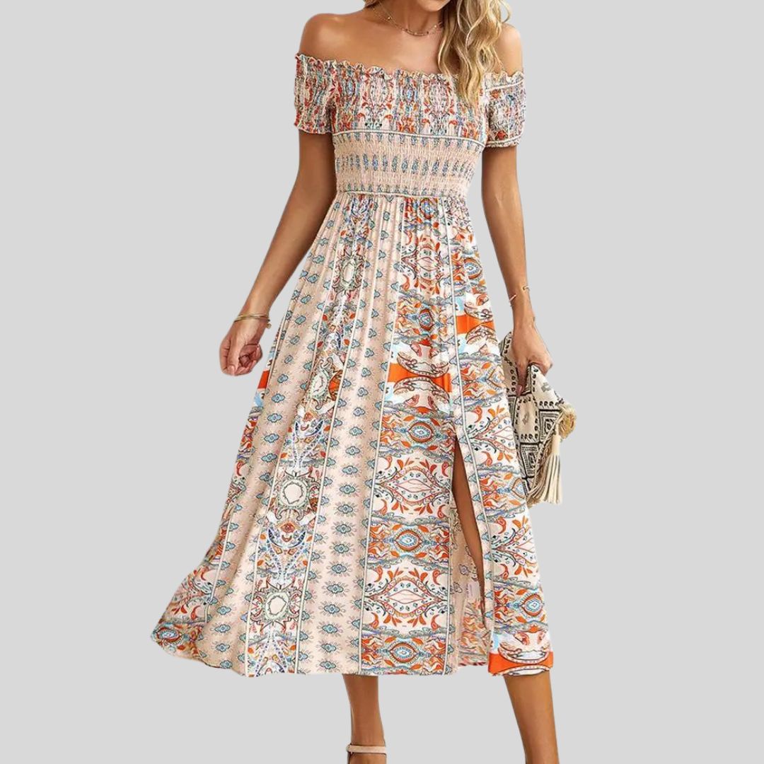 Aurora - Schulterfreies Boho-Maxikleid mit gerafftem Oberteil