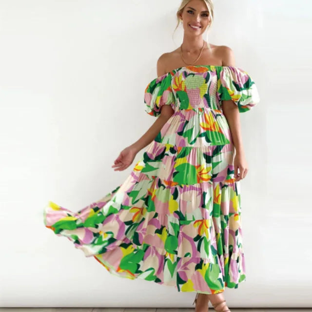 Eloise - Schulterfreies, gestuftes Maxikleid mit Blumenmuster