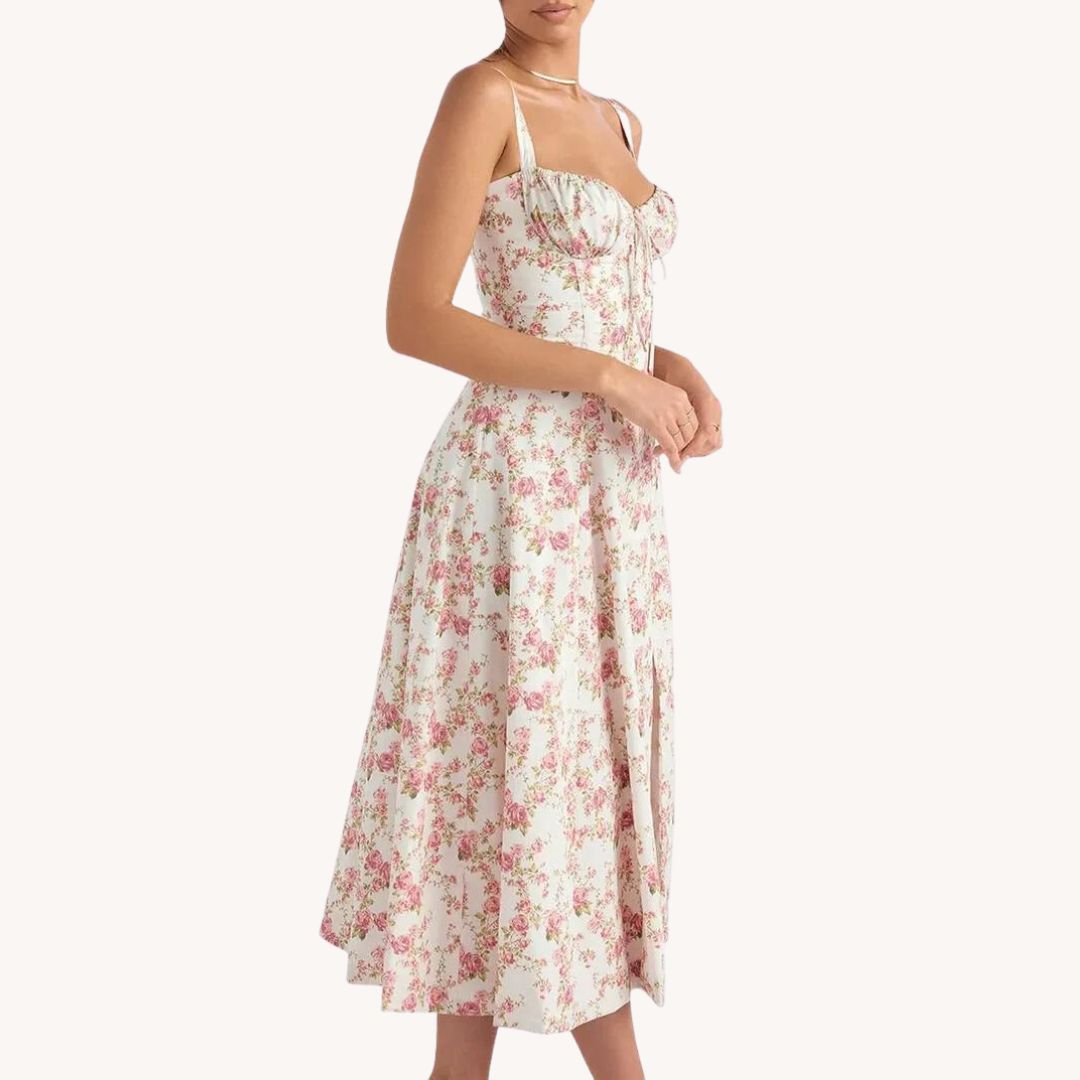 rosa Sommerkleid Blumen Dame Seitenansicht 