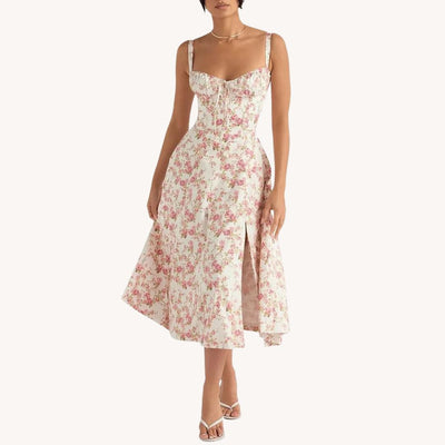 rosa Sommerkleid Blumen Dame Vorderansicht 