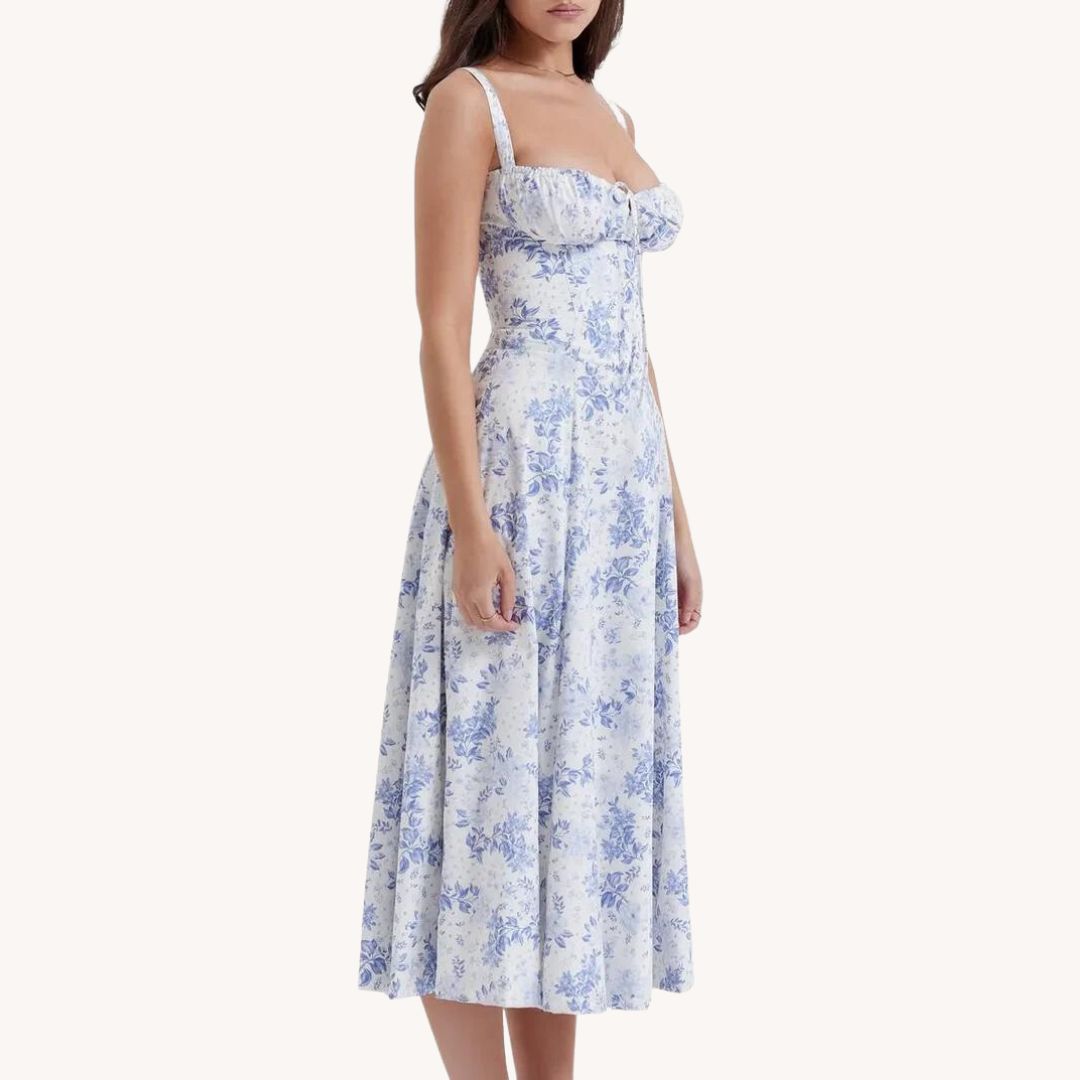 blaues Maxikleid Blumen Dame Seitenansicht 