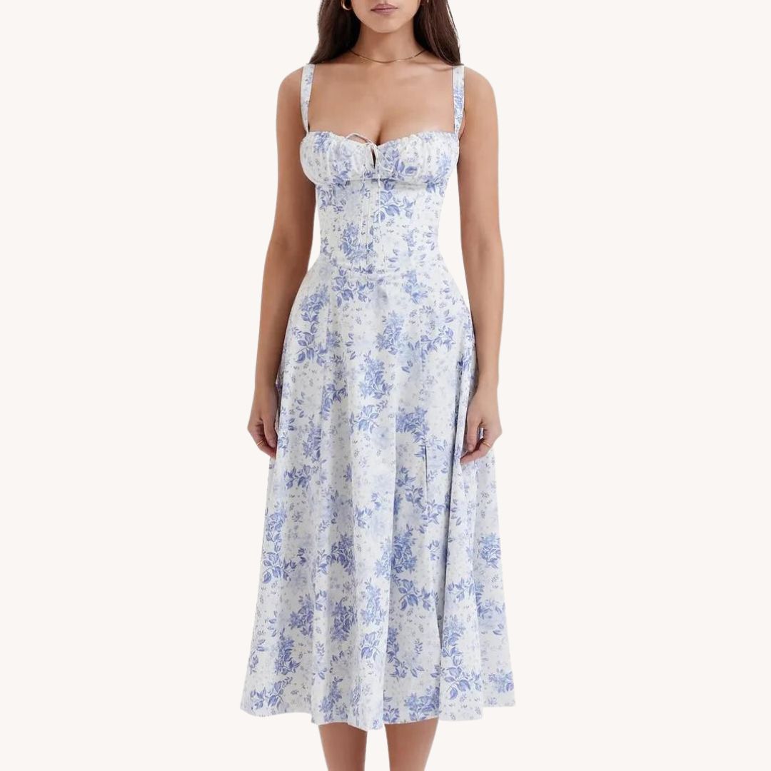 blaues Maxikleid Blumen Dame Vorderansicht 