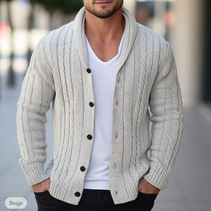 Klassischer Zopfstrick-Cardigan mit Schalkragen beige vorderseite