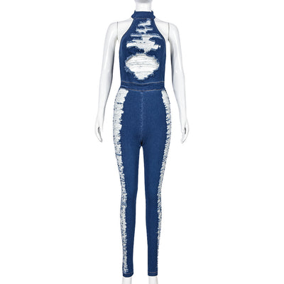 Elise - Rückenfreier Denim-Jumpsuit mit hohem Gummizug, gewaschen