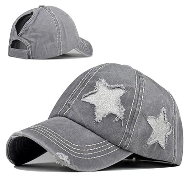 Star - Zerrissene Denim-Baseballkappen mit Sternapplikation