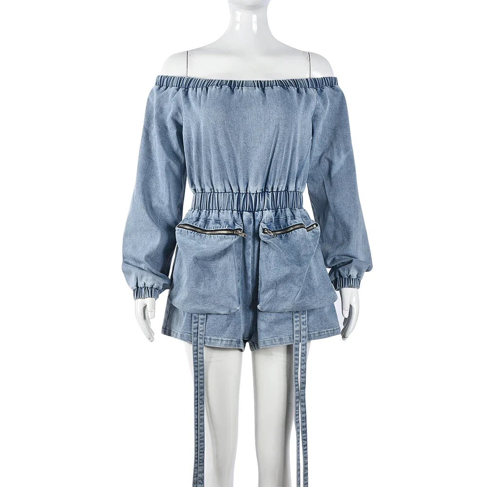 Carina - Schulterfreier Denim-Playsuit mit Taillenzug