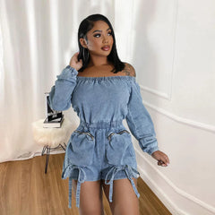 Carina - Schulterfreier Denim-Playsuit mit Taillenzug