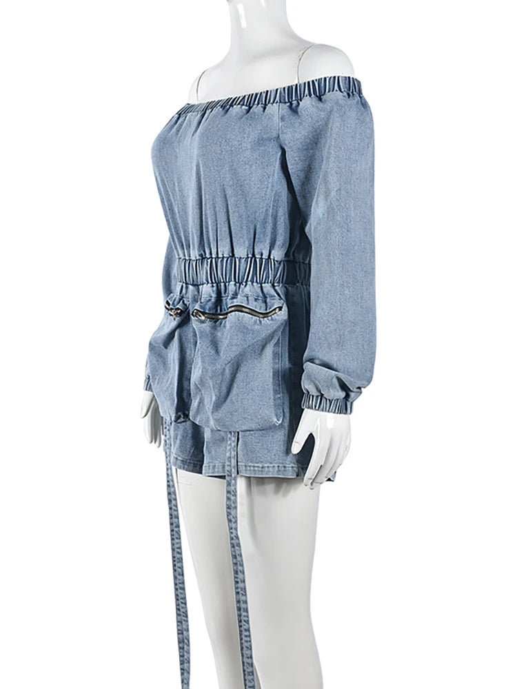 Carina - Schulterfreier Denim-Playsuit mit Taillenzug