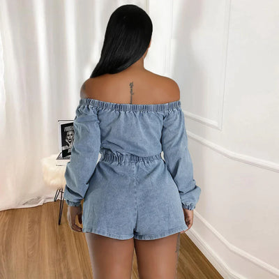 Carina - Schulterfreier Denim-Playsuit mit Taillenzug