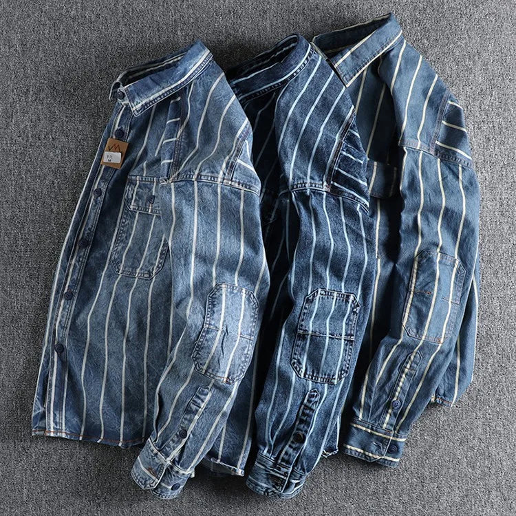 Logan - Gestreifte Denim-Hemdjacke mit aufgesetzten Taschen