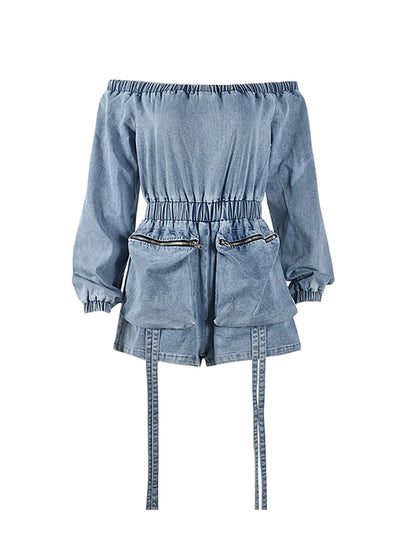 Carina - Schulterfreier Denim-Playsuit mit Taillenzug