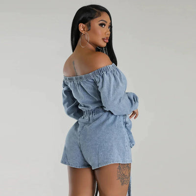 Carina - Schulterfreier Denim-Playsuit mit Taillenzug