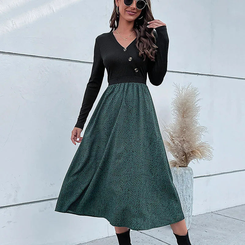 Rhian - Kontrastreiches Zwei-Teile-Look Midi-Kleid mit Knopfdetails