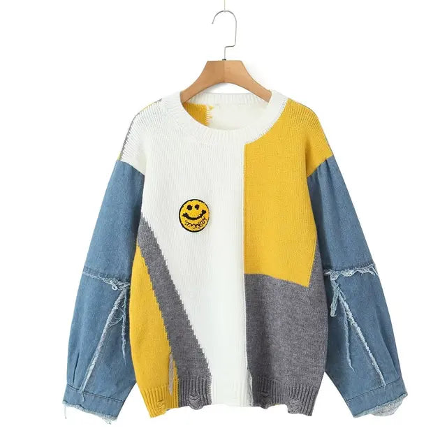 Yanna - Patchwork-Pullover mit Smiley-Detail