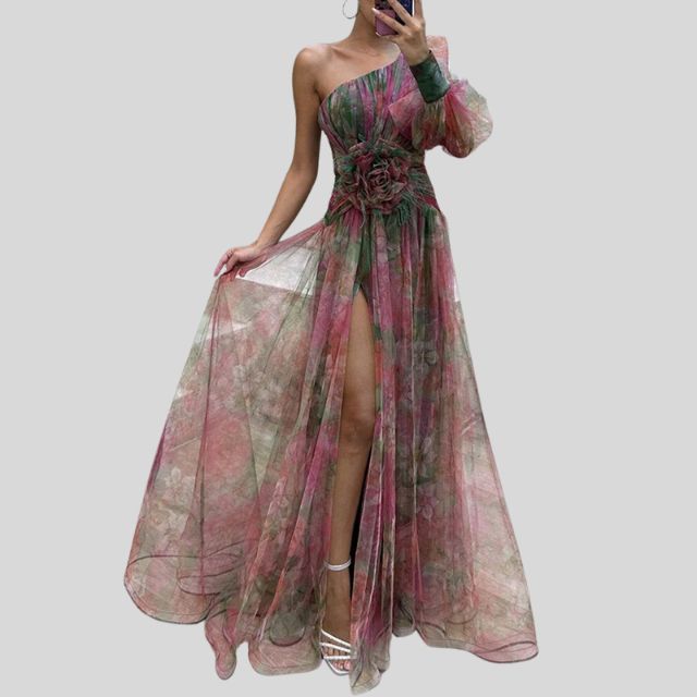 Isabella - Asymmetrisches Abendkleid mit Aquarelldruck Einzelärmel