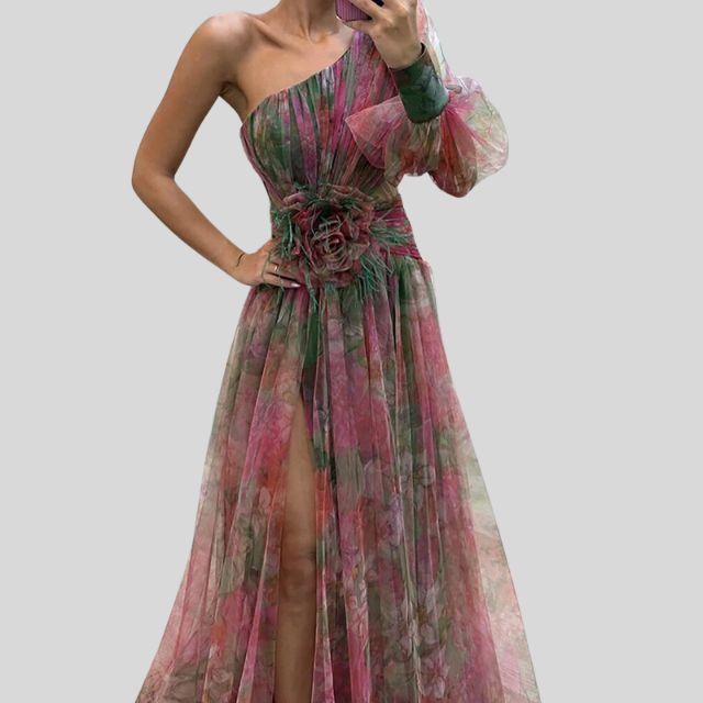 Isabella - Asymmetrisches Abendkleid mit Aquarelldruck Einzelärmel