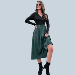 Rhian - Kontrastreiches Zwei-Teile-Look Midi-Kleid mit Knopfdetails