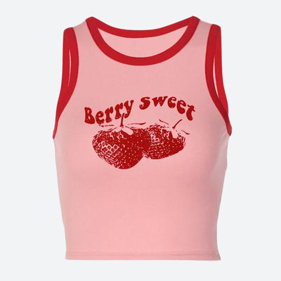 Rhea - Berry Sweet Grafik-Crop-Top mit Kontrastbesatz